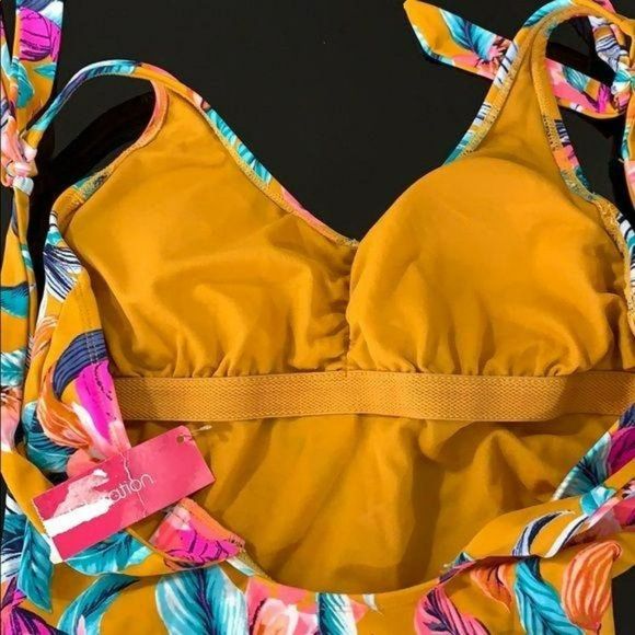 XHilaration Women's Mustard Floral One Piece Bathing Suit Swimwear Size Large - Picture 9 of 11